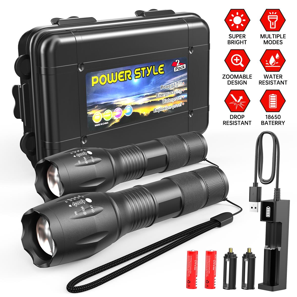 2Pack LED Flashlight Super Bright, Zoomable Water Resistant Tactical Flashlight